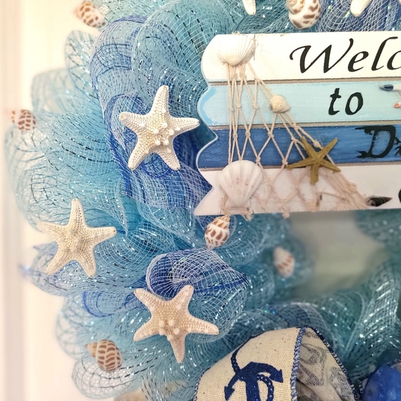 Beach Wreath Nautical Seagull Starfish Deco Mesh Bow Coastal Blue Teal Navy - Picture 3 of 11